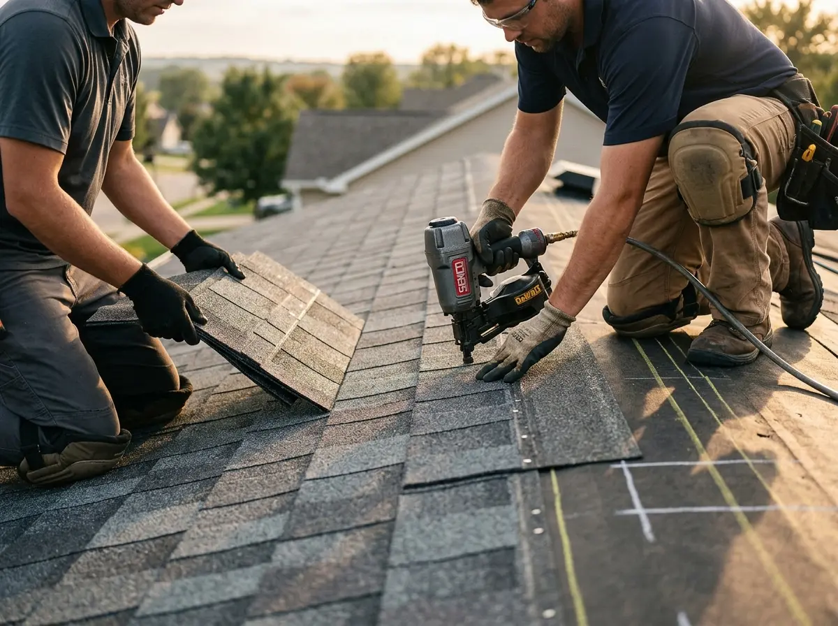 Professional roofer working on a residential roof in Roselle